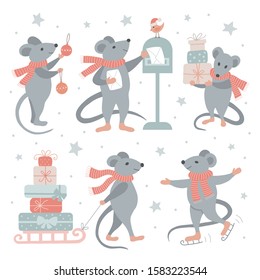Set of christmas mice. For stickers collection, congratulation cards, prints. 