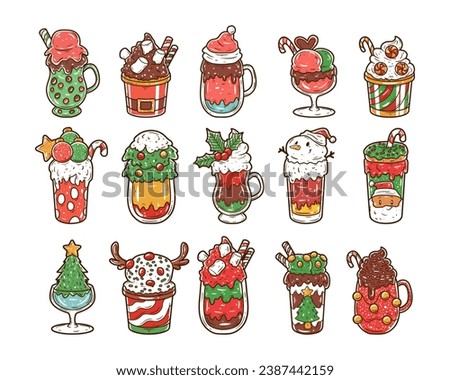Set of christmas milkshake drinks with hand-drawn illustration
