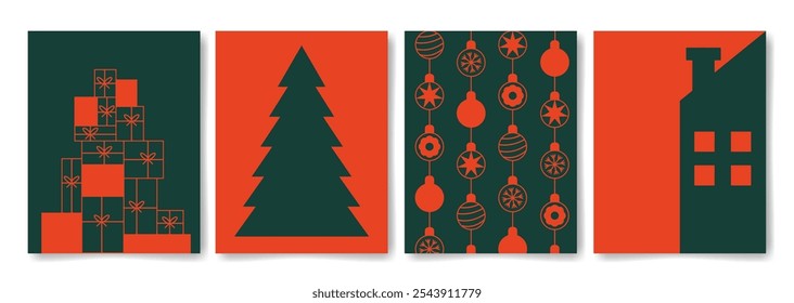 Set of Christmas minimalist card templates in red and green. Backgrounds with gift boxes, Christmas tree toys pattern, house. Vector illustration.