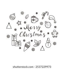 Um conjunto de elementos minimalistas de Natal em estilo doodle. Feliz Natal. Fundo festivo de elementos de Natal desenhados à mão. Resumo fundo festivo de inverno. Ilustração vetorial