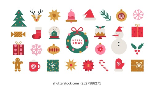 Set of Christmas minimalist geometric elements. Xmas abstract icons in minimalist style. Christmas tree, snowman, gifts, deer and holiday decoration. Modern vector flat illustration. 