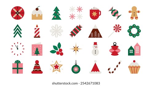 Set of Christmas minimalist geometric elements. Xmas abstract icons in minimalist style. Modern holiday symbols for greeting cards, posters. Vector collection.