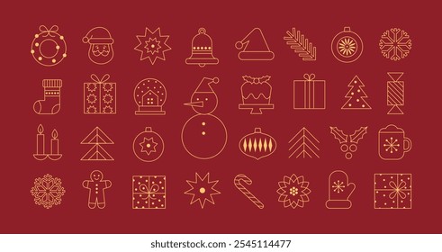 Conjunto de Navidades de Elementos geométricos minimalistas. Iconos simples abstractos de Navidad en estilo de línea. Árbol de Navidad, Papá Noel, muñeco de nieve, regalos, decoraciones de vacaciones. Ilustración plana de Vector moderno. 