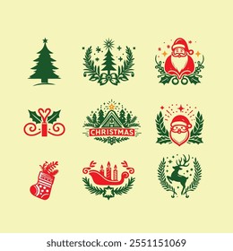 Set of Christmas minimalist geometric elements. Xmas abstract icons in minimalist style. Christmas tree, snowman, gifts, deer and holiday decoration. Modern vector flat illustration.