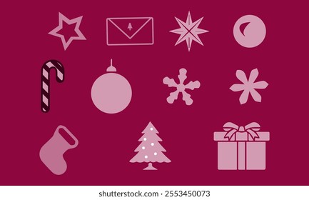 Set of Christmas minimalist geometric elements. abstract icons in minimalist style. Christmas tree, snowman, deer and holiday decoration. Modern vector flat illustration, gift box and Merry Christmas.