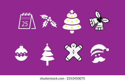 Set of Christmas minimalist geometric elements. abstract icons in minimalist style. Christmas tree, snowman, deer and holiday decoration. Modern vector flat illustration, gift box and Merry Christmas.