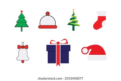 Set of Christmas minimalist geometric elements. abstract icons in minimalist style. Christmas tree, snowman, deer and holiday decoration. Modern vector flat illustration, gift box and Merry Christmas.