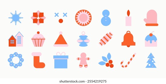 Set of Christmas minimalist geometric elements. Abstract modern xmas tree ornaments, geometric shapes snowman gift bow star candy. Vector collection.