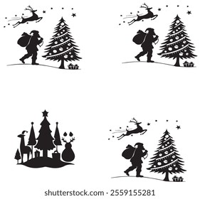 Set of Christmas minimalist geometric elements. Xmas abstract icons in minimalist style. Christmas tree, snowman, gifts, deer and holiday decoration.