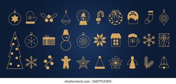 Conjunto de elementos geométricos minimalistas de Natal. Ícones, símbolos e adesivos abstratos Xmas modernos. Decoração de férias de Ano Novo. Ilustração simples de vetor plano.
