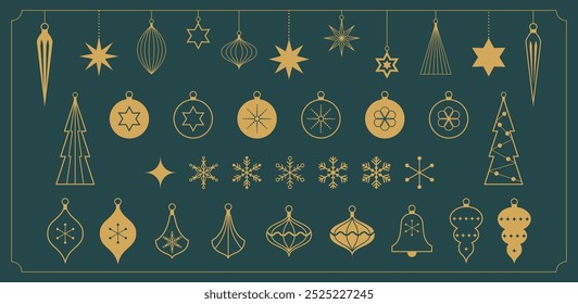 Set of Christmas minimalist golden geometric element or icon in flat linear design. Modern Xmas tree vintage decoration. Vector illustration.
