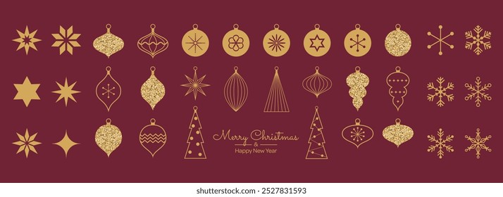 Set of Christmas minimalist golden geometric element or icon in flat linear design. Trendy Xmas tree vintage decoration. Vector illustration.
