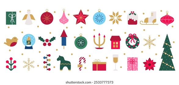 Set of Christmas minimalist simple geometric  decorations. Trendy Xmas abstract elements. New Year holiday icons and symbol. Flat vector illustration.
