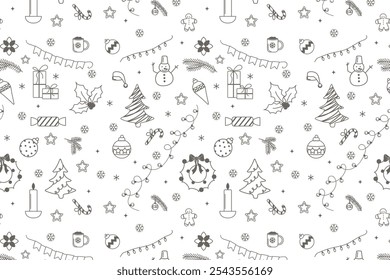 Conjunto de Navidades Elementos de Navidades minimalistas en estilo doodle sobre fondo blanco. Fondo de vacaciones sin fisuras de Elementos de Navidades dibujadas a mano. Fondo de vacaciones de invierno festivo Abstractas