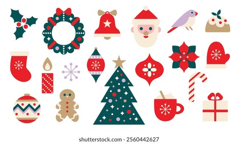 Set of Christmas minimalistic geometric elements and decorations. Xmas abstract icons in trendy retro style. Vector illustration