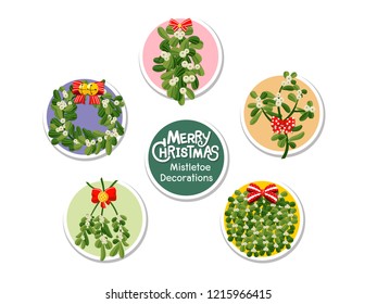 Set Christmas Mistletoe icon on color background. Merry Christmas and happy new year. Gift and decorative element on holiday. Vector cartoon Illustration.