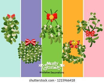 Set Christmas Mistletoe icon on color background. Merry Christmas and happy new year. Gift and decorative element on holiday. Vector cartoon Illustration.