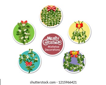 Set Christmas Mistletoe icon on color background. Merry Christmas and happy new year. Gift and decorative element on holiday. Vector cartoon Illustration.