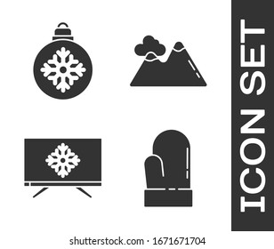 Fijar Navidad, bola de Navidad, Feliz Navidad en televisión e icono de las montañas. Vector