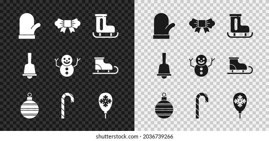 Set Christmas mitten, Bow tie, Figure skates, ball, candy cane, Balloons with snowflake, Merry ringing bell and snowman icon. Vector