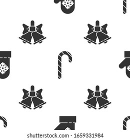 Fijen Navidad, caña de caramelo de Navidad con rayas y campana sonora de Feliz Navidad con un patrón impecable. Vector