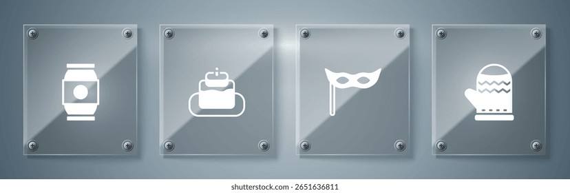 Set Christmas mitten, Festive mask, Cake and Beer can. Square glass panels. Vector
