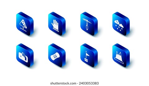 Set Christmas mitten, Ice axe, Cloud with snow, Mountains, Location marker, Snowboard, hockey goal and Road sign avalanches icon. Vector