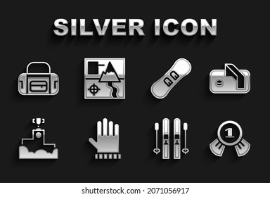 Set Christmas mitten, Ice hockey goal, Medal, Ski and sticks, Award winner podium, Snowboard, Sport bag and Folded map icon. Vector