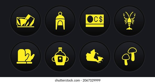 Set Christmas mitten, Lobster, Maple syrup, Canada map, Canadian dollar, Winter hat, Mushroom and Royal Ontario museum icon. Vector