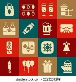Set Christmas mitten, Merry ringing bell, postcard, Glass of champagne, Candy, Champagne bottle, shopping bag and Wooden beer mug icon. Vector