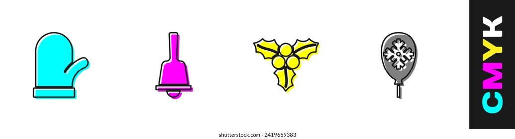 Fijar la Navidad intermitente, la campana sonora de los cerezos, el viburno de bifurcación y los globos con el icono del copo de nieve. Vector