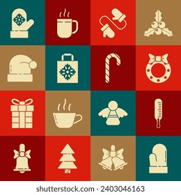 Set Christmas mitten, Meteorology thermometer measuring, wreath, Pair of knitted christmas mittens, paper shopping bag, Santa Claus hat,  and candy cane with stripes icon. Vector