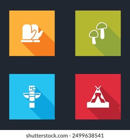Set Christmas mitten, Mushroom, Canadian totem pole and Indian teepee or wigwam icon. Vector