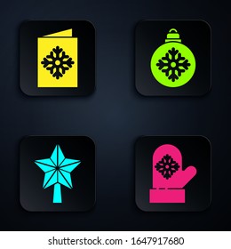 Fijar tarjetas postales de Navidad, estrellas de Navidad y bola de Navidad. Botón cuadrado negro. Vector