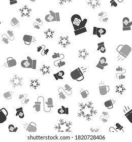 Set Christmas mitten, Snowflake, Coffee cup and Pair of knitted christmas mittens on seamless pattern. Vector