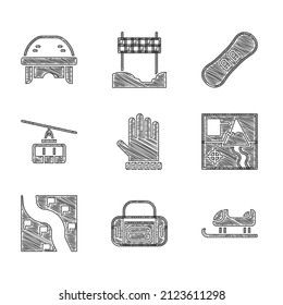 Set Christmas mitten, Sport bag, Sled, Folded map, Route location, Cable car, Snowboard and Hockey helmet icon. Vector