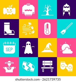Set Christmas mitten, Sun and cloud weather, Handle broom, Bare tree, Windy, Waterproof rubber boot, Pumpkin and Thermometer icon. Vector