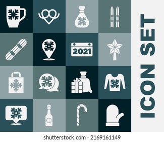 Set Christmas mitten, sweater, star, Santa Claus bag gift, Snowflake, Snowboard, Coffee cup with snowflake and Calendar icon. Vector