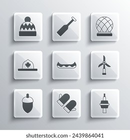 Set Christmas mitten, TV CN Tower in Toronto, Wind turbine, Kayak, Acorn, Canadian ranger hat, Beanie and Montreal Biosphere icon. Vector