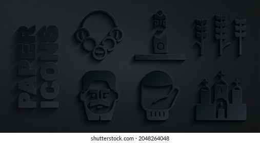 Set Christmas mitten, Wheat, Joseph Stalin, Church building, Slavic pagan idol and Russian bagels icon. Vector