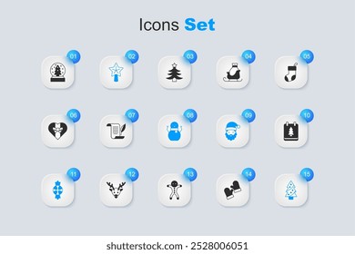 Set Christmas mittens, Envelope, star, Candy, tree, day calendar, snow globe and snowman icon. Vector