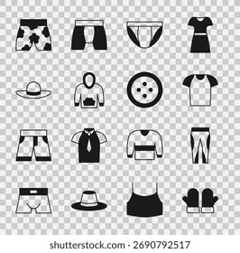 Set Christmas mittens, Leggings, T-shirt, Men underpants, Hoodie, Elegant women hat, Swimming trunks and Sewing button for clothes icon. Vector