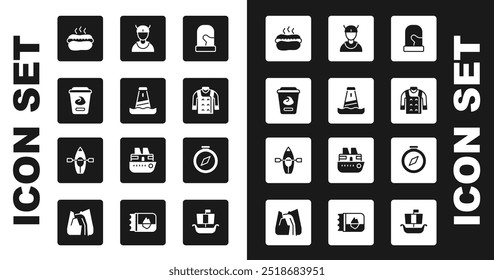 Set Christmas mittens, Lighthouse, Yogurt container, Hotdog sandwich, Sweater, Viking head, Compass and Kayak paddle icon. Vector