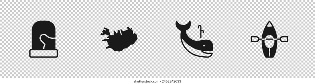 Set Christmas mittens, Map of Iceland, Whale and Kayak paddle icon. Vector