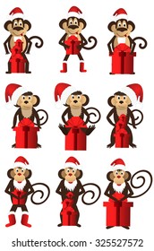 A set of Christmas monkeys with gifts. Vector illustration.