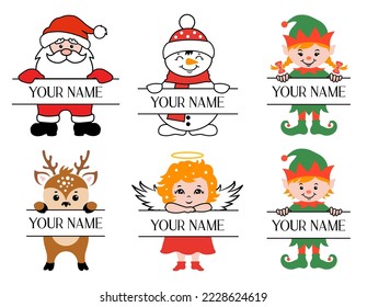 Set of Christmas monogram for kids with space for text. Kids Christmas name sign. Peeking face Santa, deer, elf, angel. Baby Christmas design.