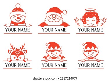 Set of Christmas monogram with space for text. Kids Christmas name sign. Peeking face Santa, deer, elf, angel. Baby Christmas design.