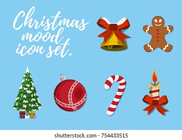 Set of Christmas Mood. 6 label, XMas icon. Cartoon style. Vector Illustration.