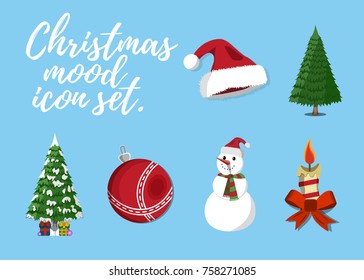 Set of Christmas Mood. 6 label, XMas icon. Cartoon style. Vector Illustration.