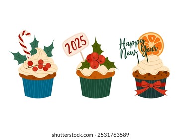 Set of Christmas Muffins. Festive chocolate muffin with cream, berries and orange. Festive food in flat style on white background. 